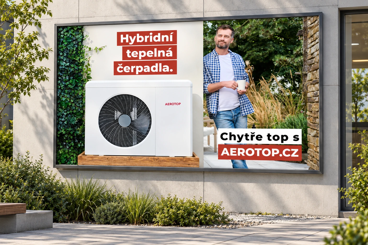 The Aerotop campaign on a landscape advertising panel in an architectural setting.