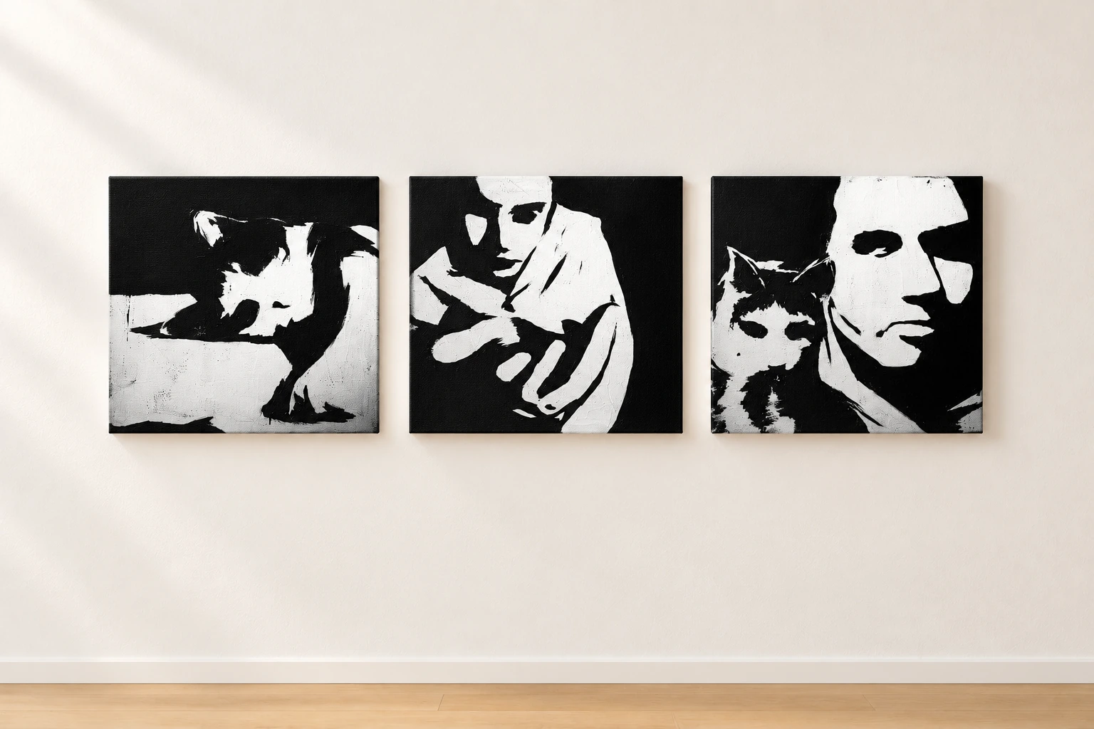 How I Met a Cat, a triptych hung in a single row on a light wall.