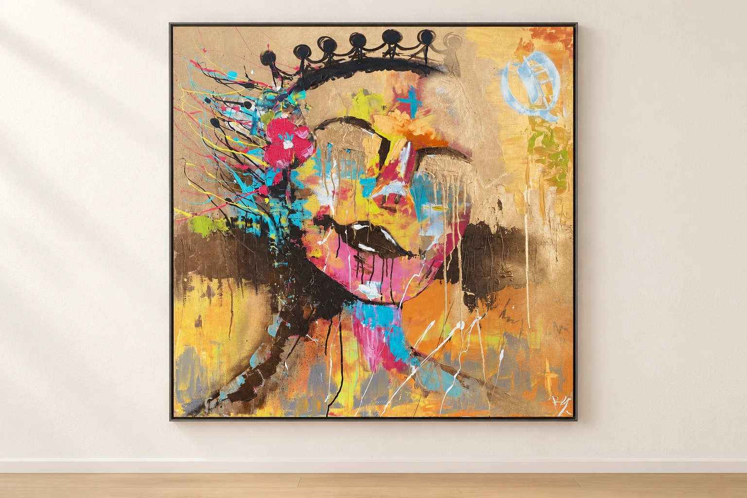 Crown of Restlessness, a painting in a gallery mockup on a light wall.