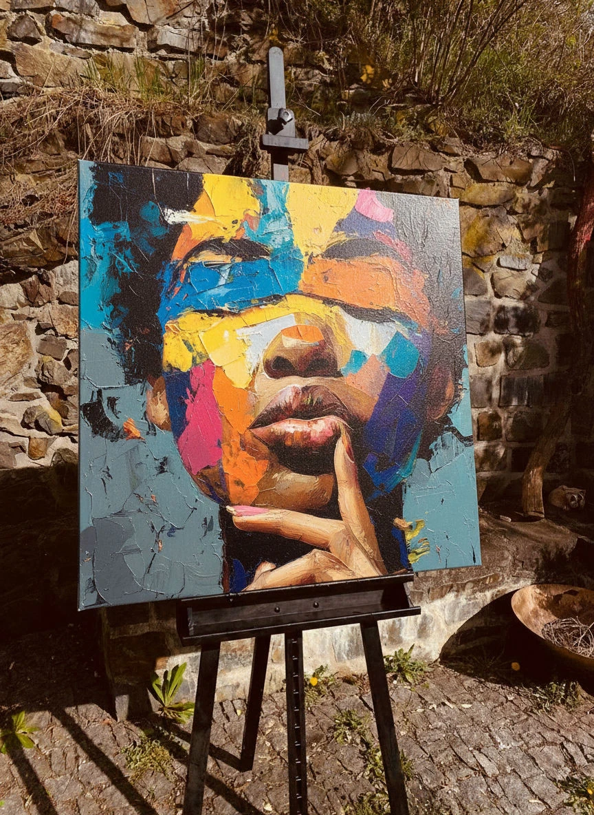 A portrait composed of bold blocks of colour, displayed on an easel.
