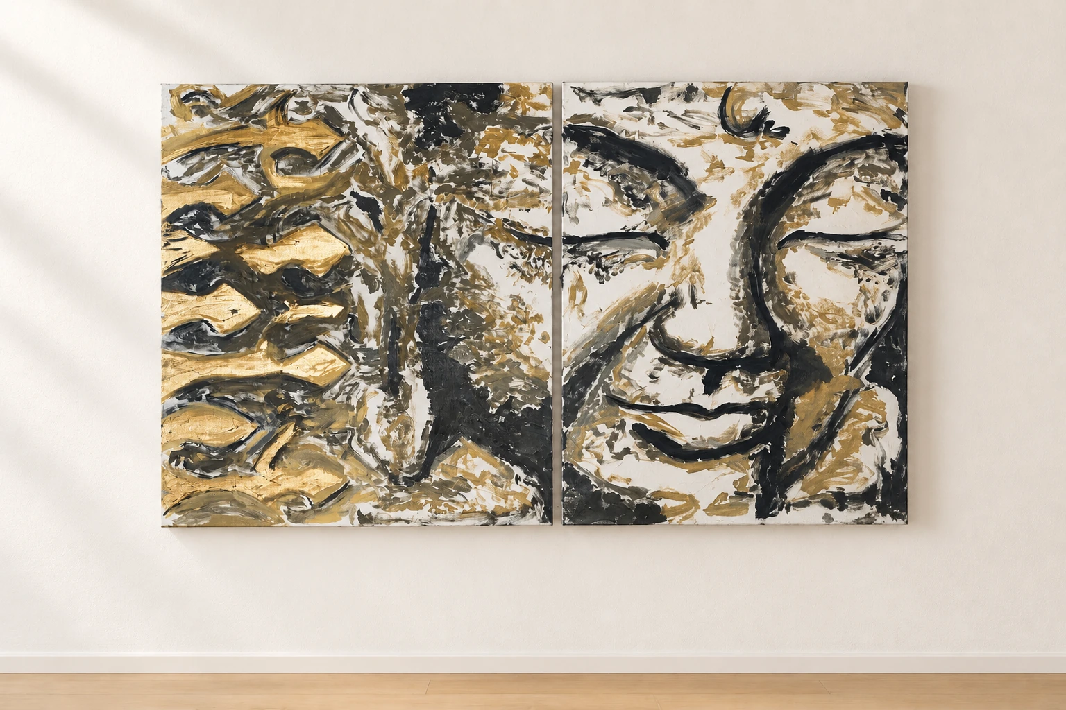 Silence in Gold, a large multi-panel painting in a gallery.