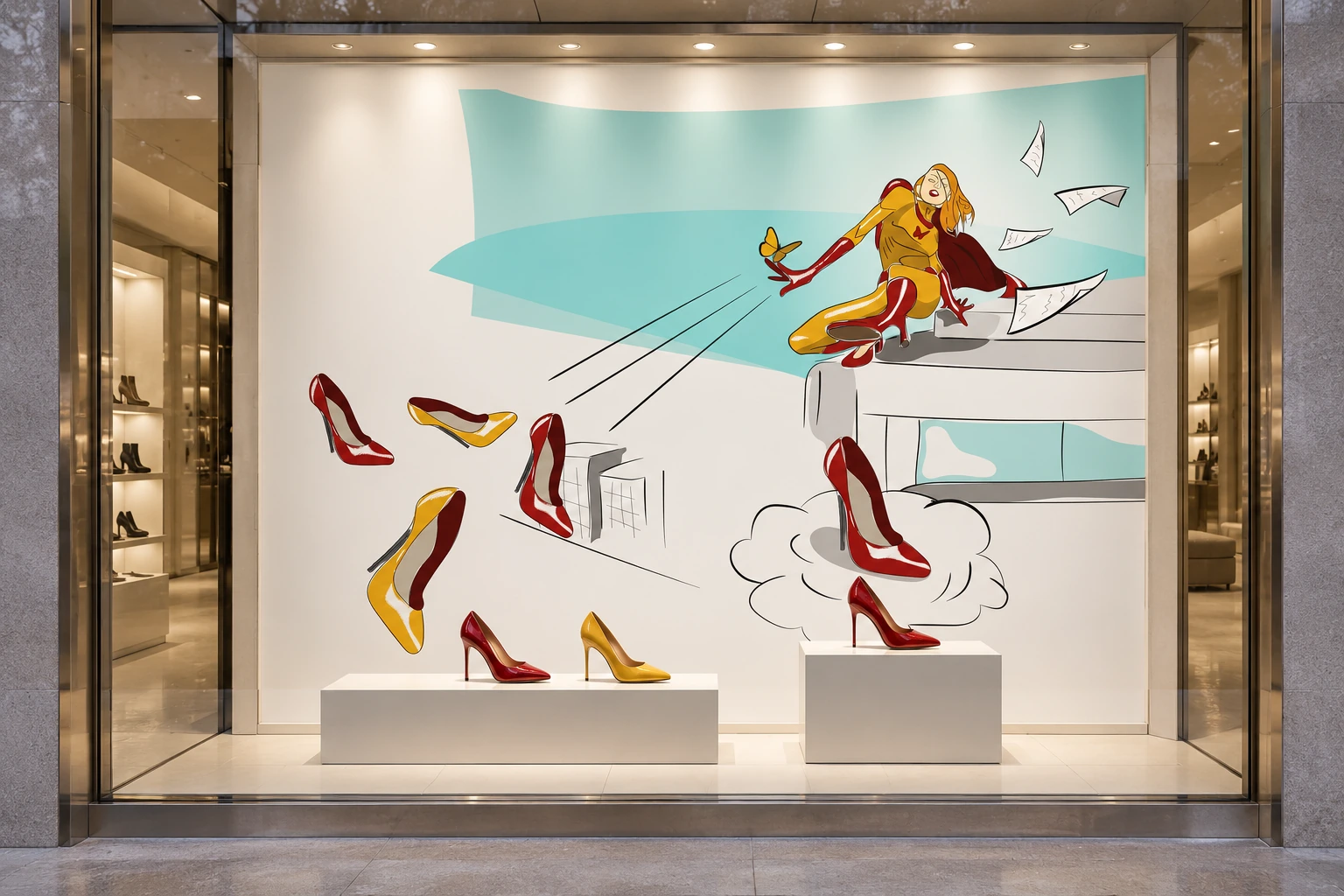 The illustrated Insolia concept presented as a shoe shop window.