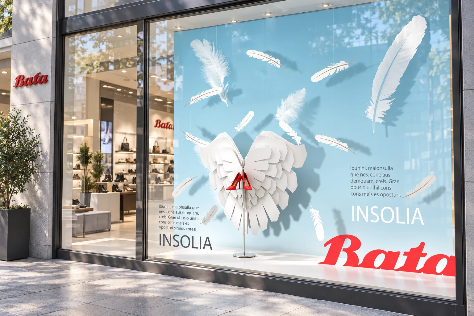 A Baťa Insolia window display with white feathers and a red high-heeled shoe.
