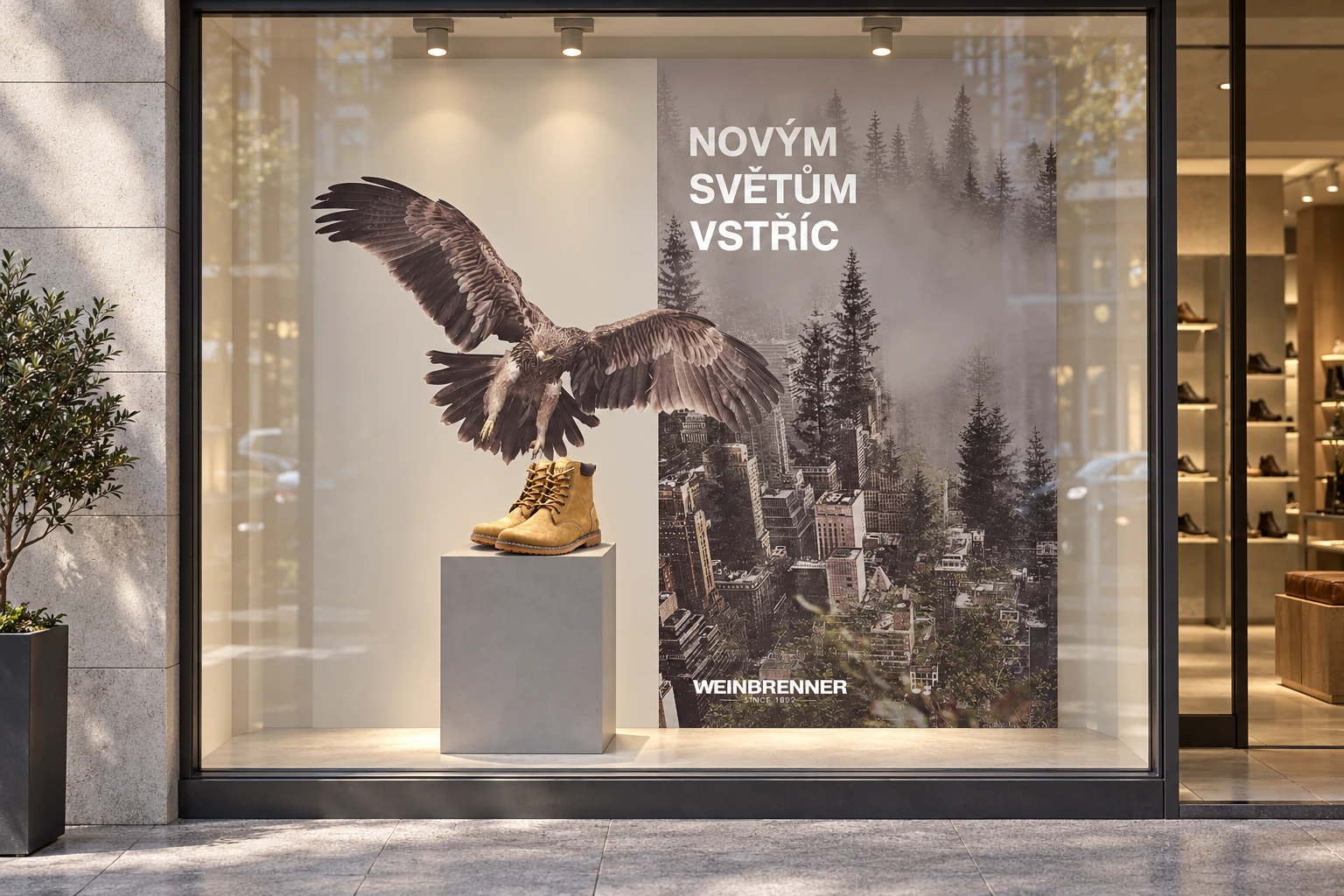The Weinbrenner eagle and shoe window concept in an architectural setting.