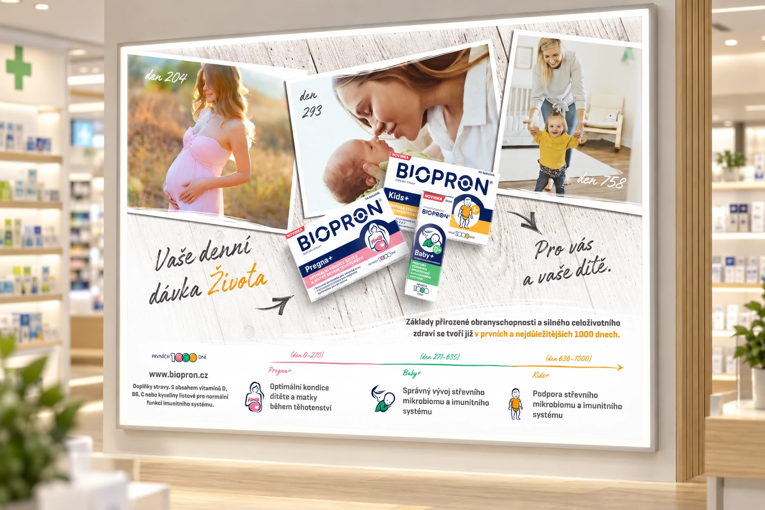 Kampaň Biopron v prosvětleném panelu moderní lékárny.