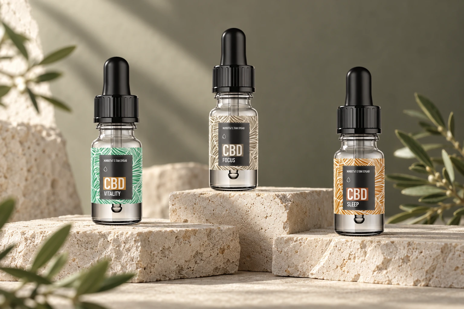 Three original CBD drop variants on light stone plinths.