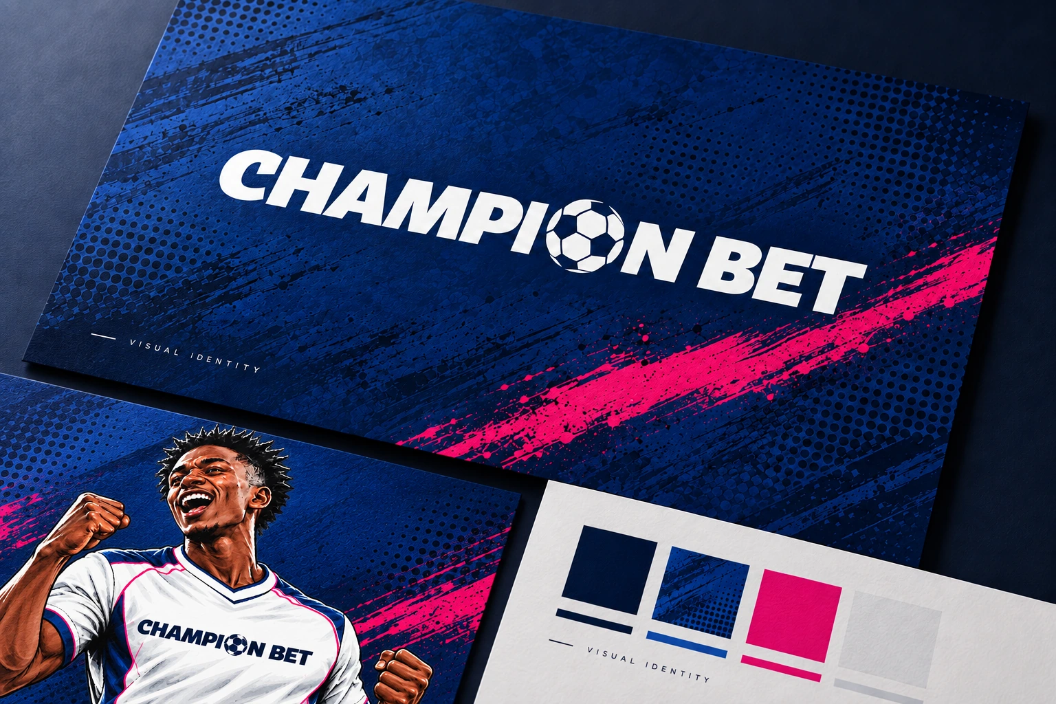 ChampionBet identity presentation: a white logo on blue, a comic footballer in a white shirt, pink strokes and a colour palette.