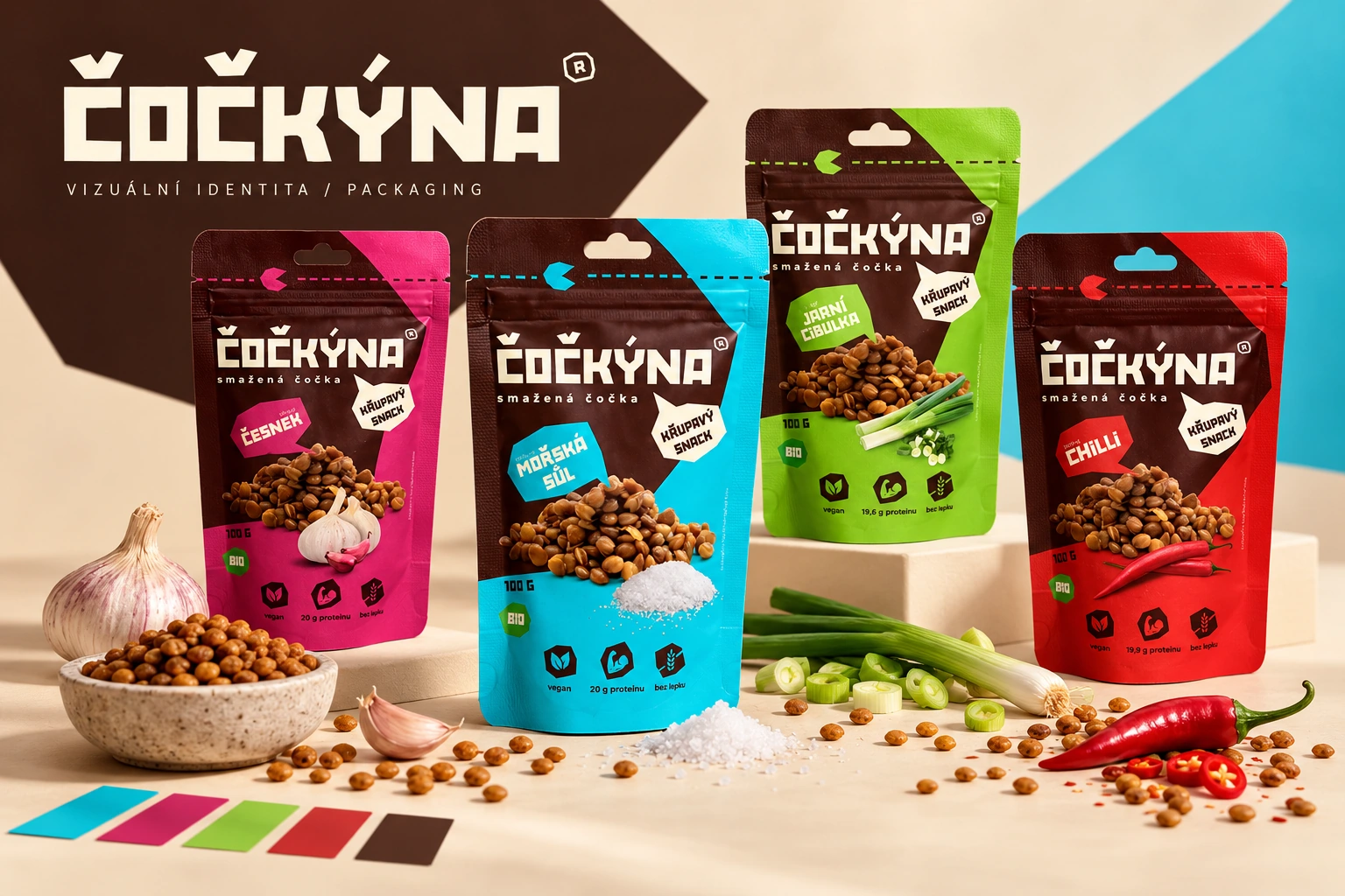 Čočkýna’s visual identity: a bold logo and four colourful packs — sea salt, garlic, spring onion and chilli — on a light background.