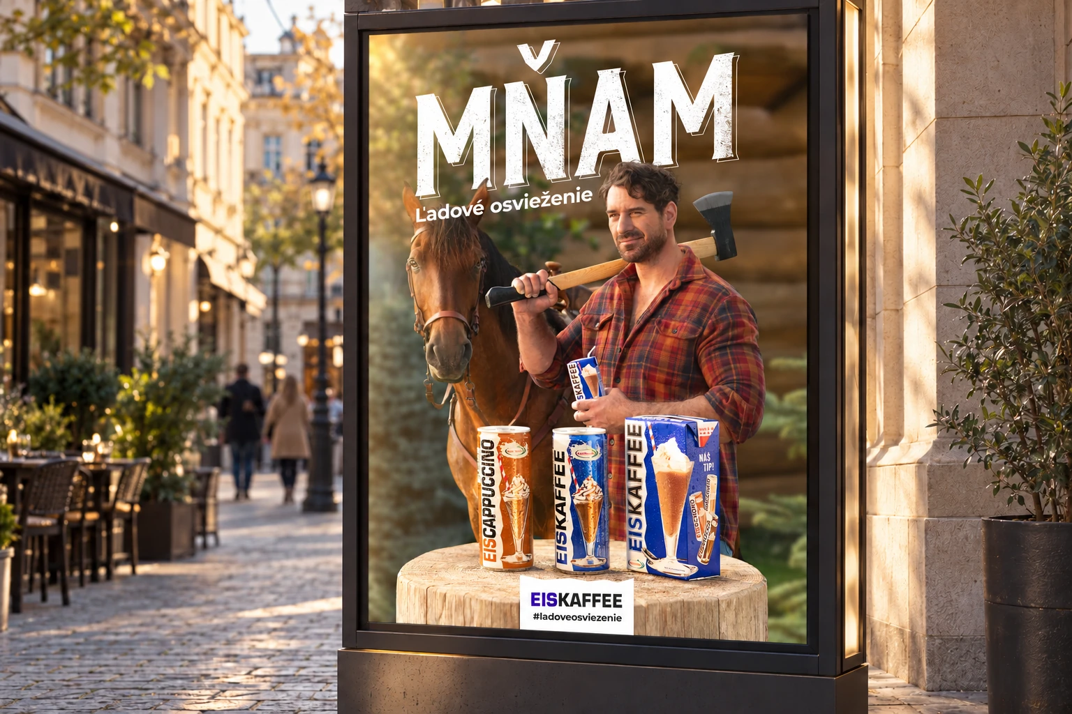 Klíčový vizuál Eiskaffee v městském reklamním citylightu.