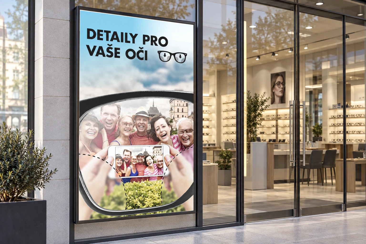 A Grand Optical advertising panel at the entrance to a modern optician’s store.