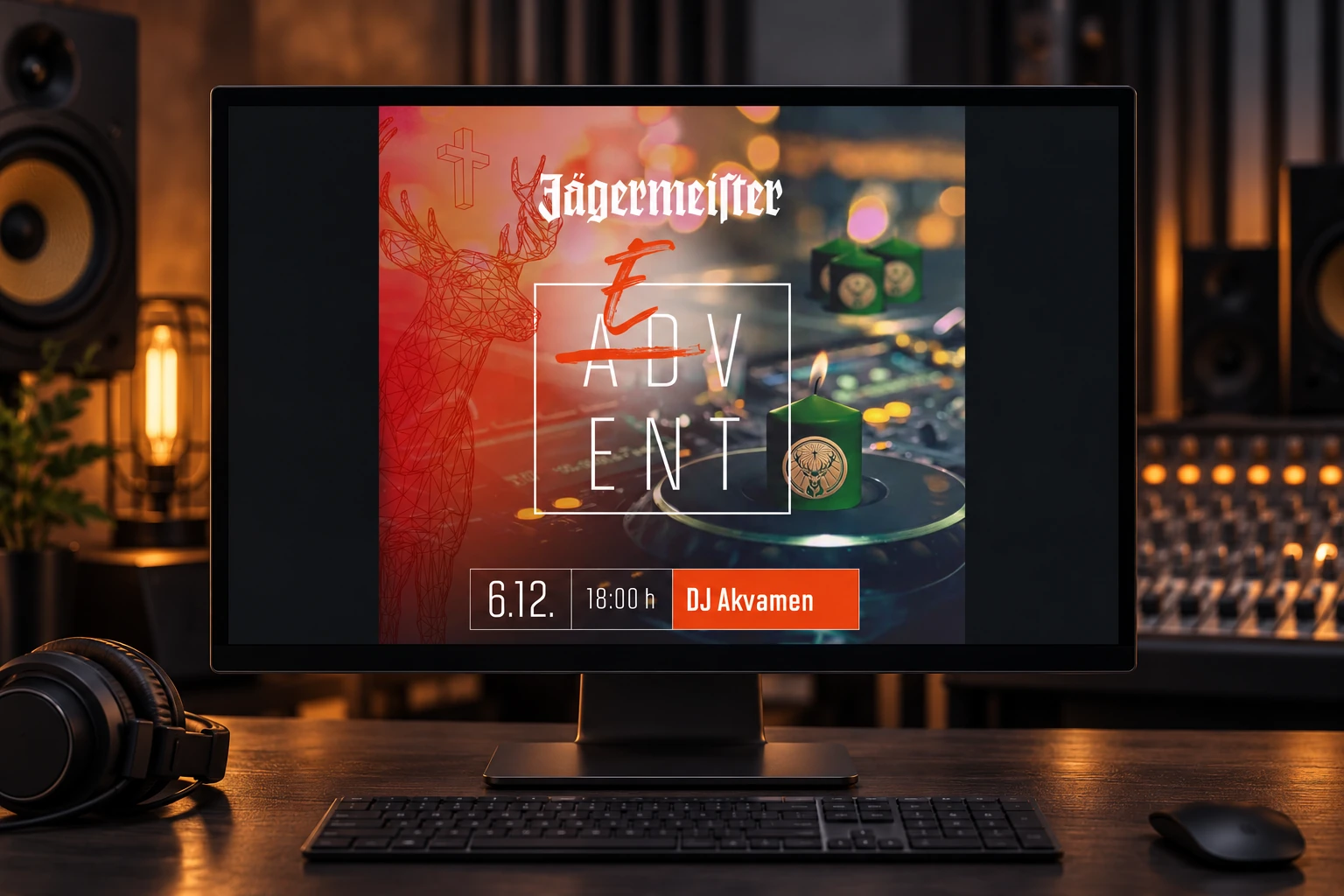 Adventní vizuál Jägermeister na obrazovce v hudebním studiu.
