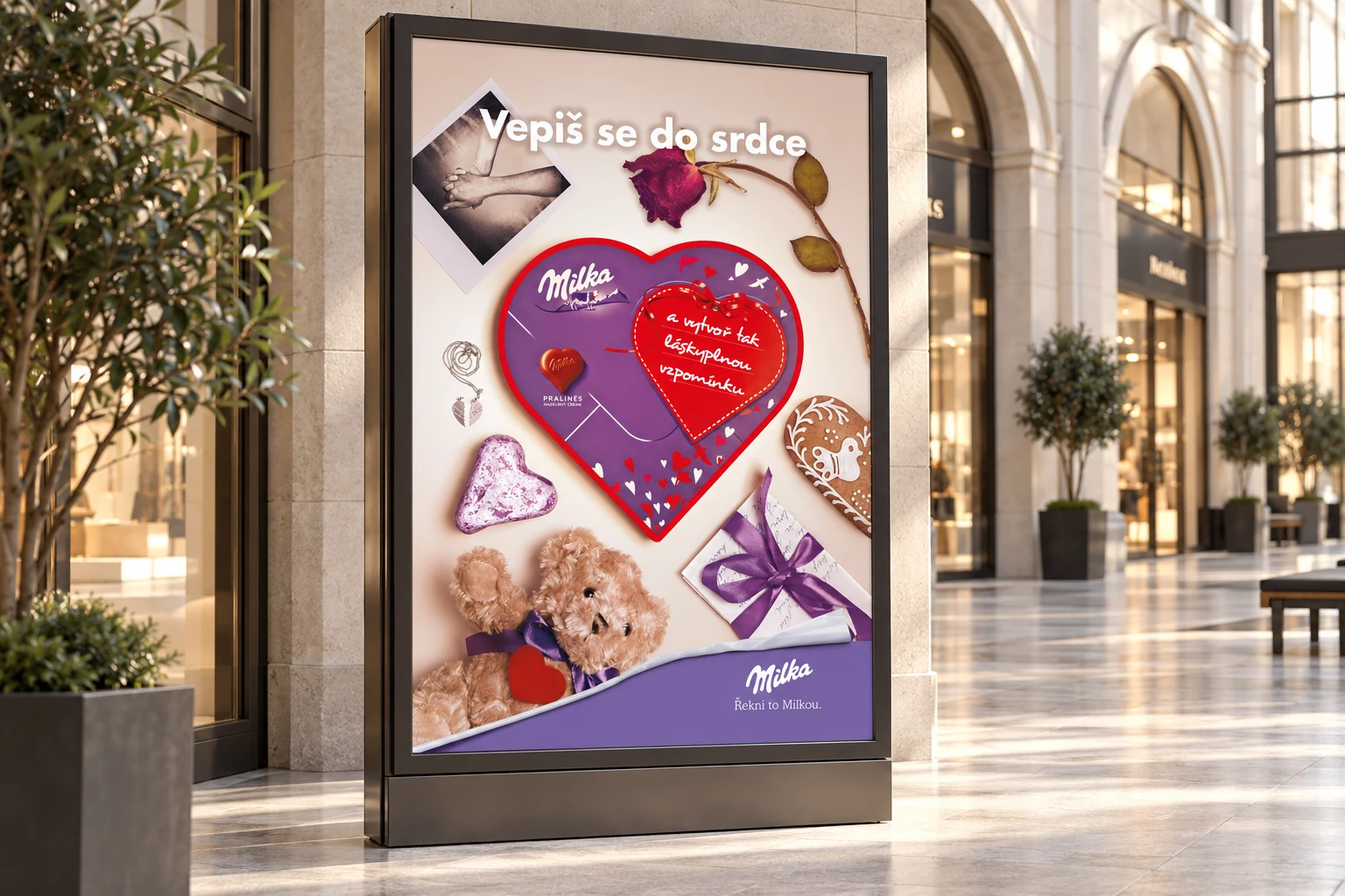 A Milka Valentine’s Day visual on a lightbox in a shopping arcade.