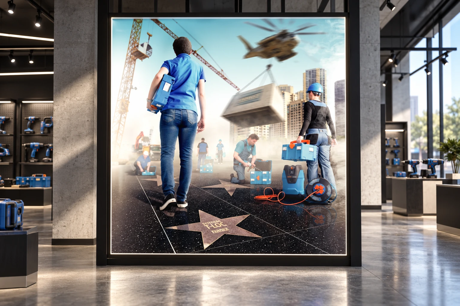 A Narex visual on an advertising panel in a technical showroom.