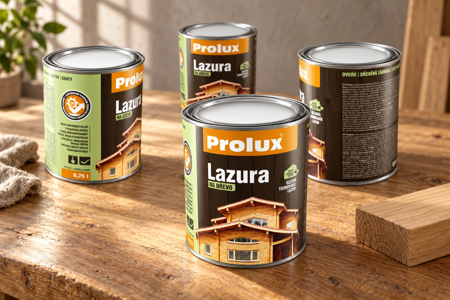 Plechovky Prolux v produktové kompozici s přírodním dřevem.