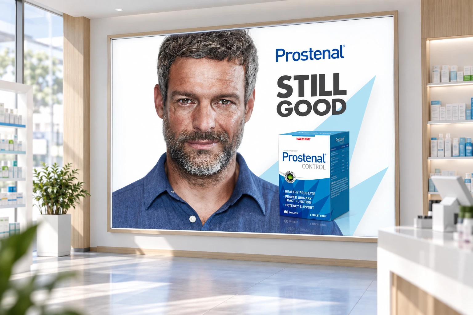 The Prostenal identity visual on a backlit advertising panel.