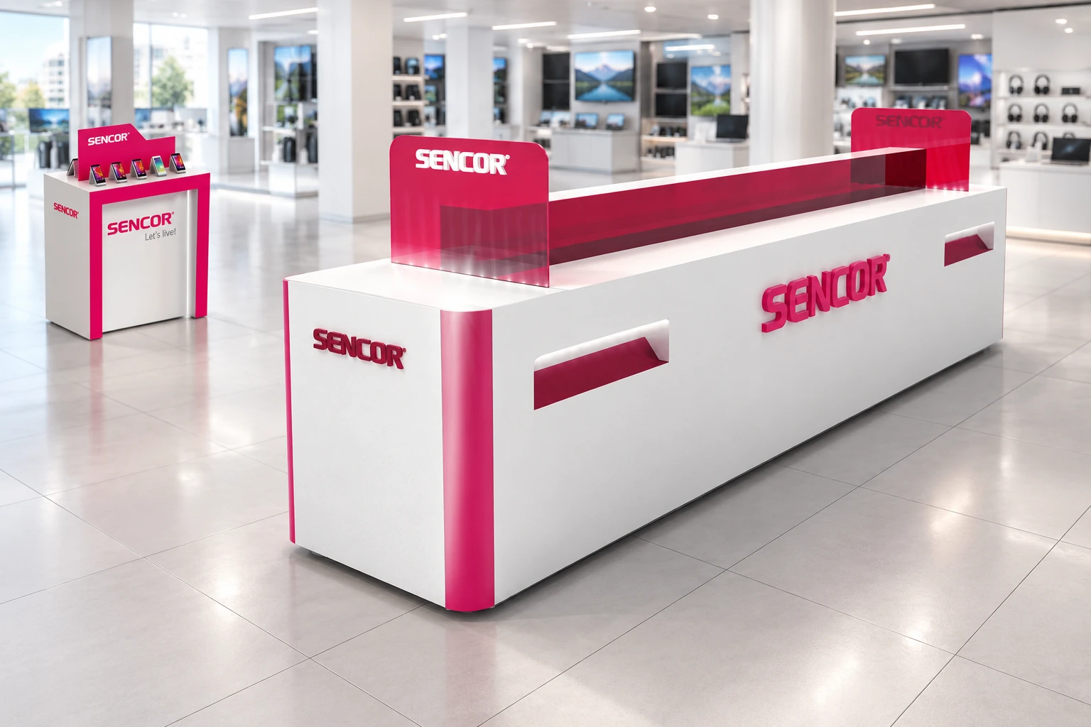 A Sencor display table in a clean architectural showroom setting.